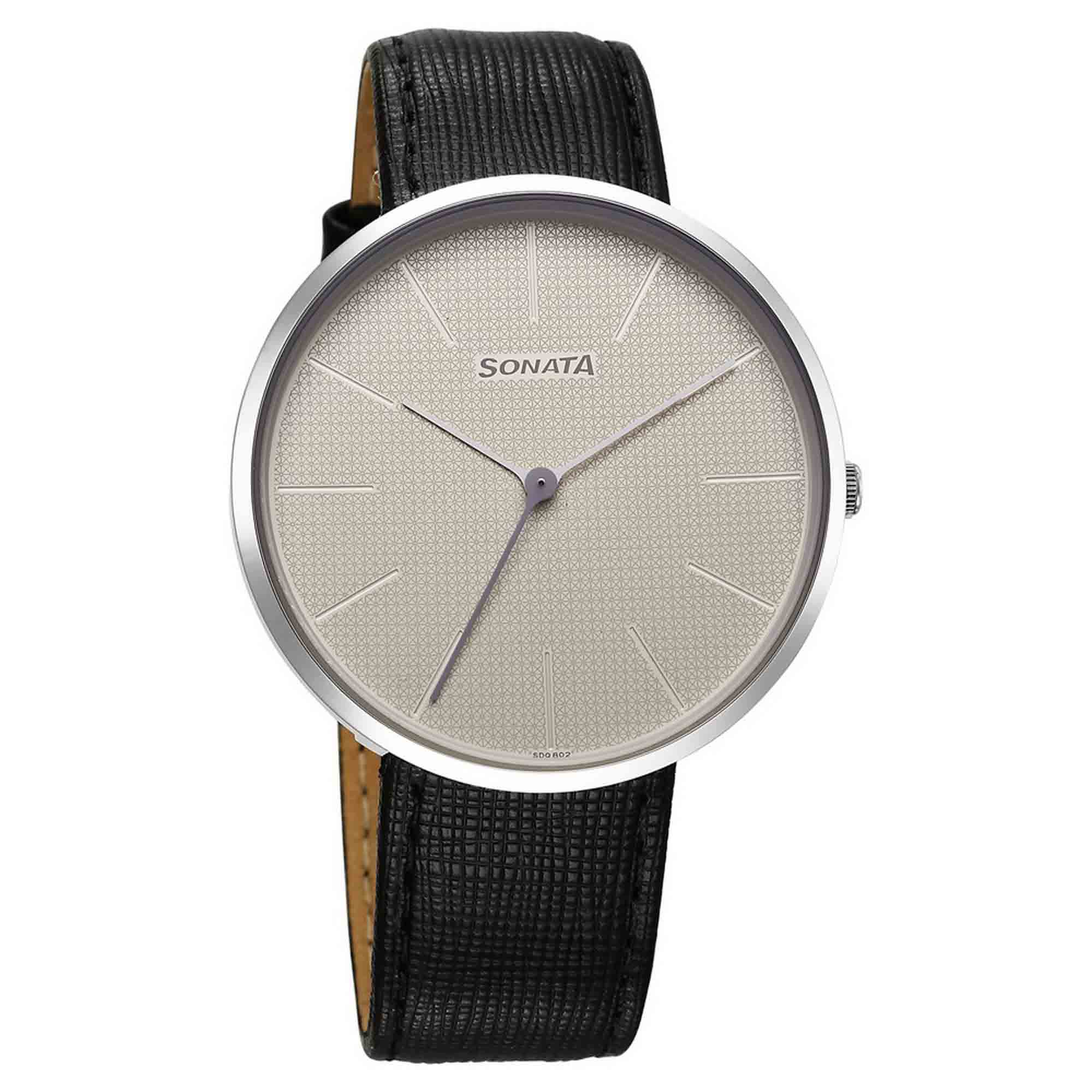 Sonata White Dial Black Leather Strap Analog Watch for Men