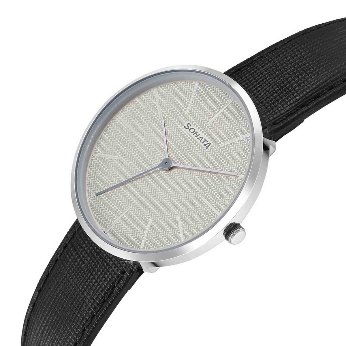 Sonata White Dial Black Leather Strap Analog Watch for Men