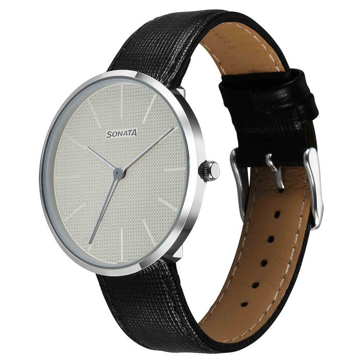 Sonata White Dial Black Leather Strap Analog Watch for Men