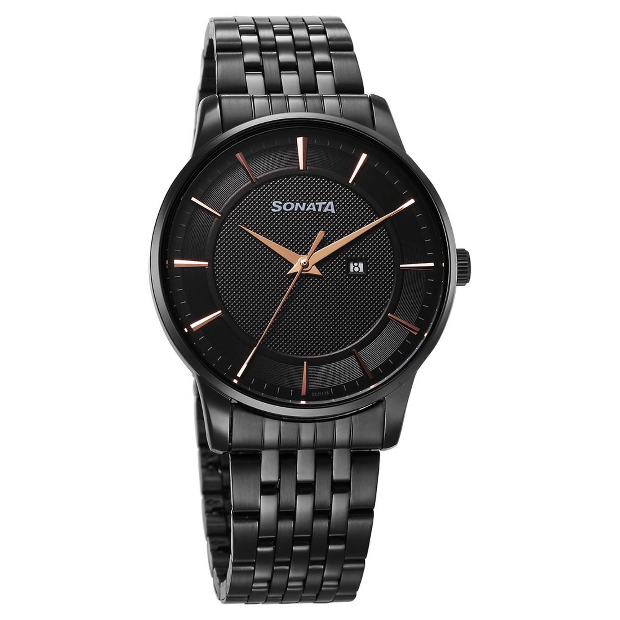 Sonata Black Dial Stainless Steel Strap Analog with Date Watch for Men