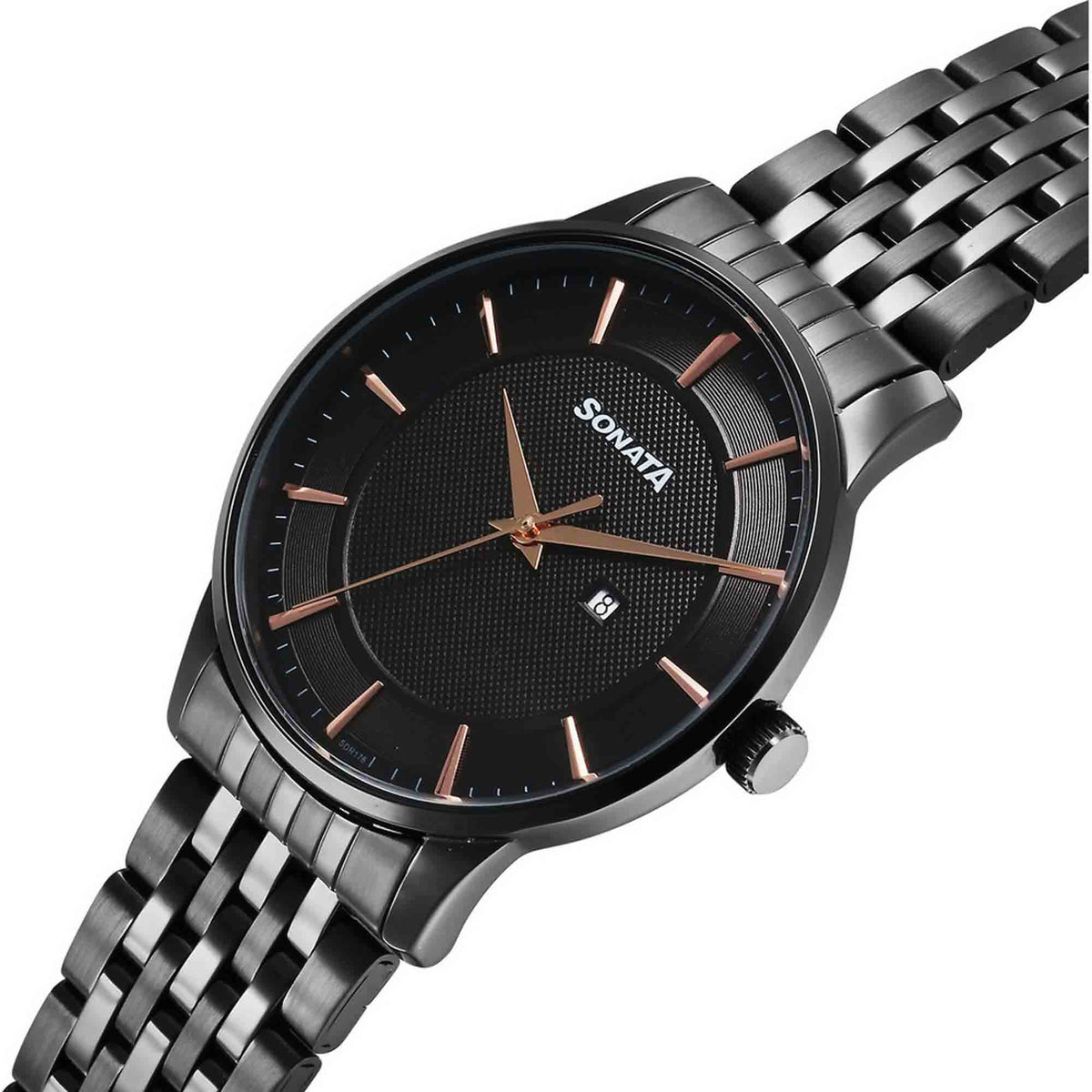 Sonata Black Dial Stainless Steel Strap Analog with Date Watch for Men