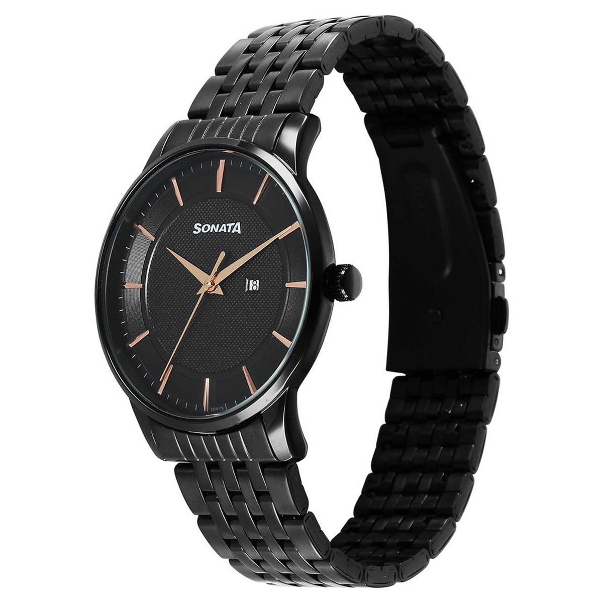 Sonata Black Dial Stainless Steel Strap Analog with Date Watch for Men