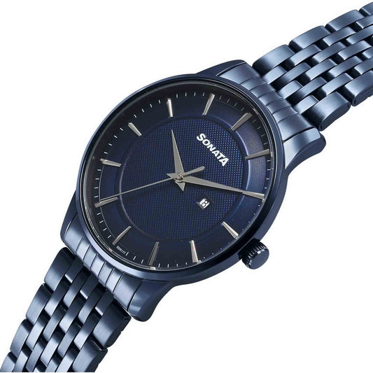 Sonata Blue Dial Stainless Steel Strap Analog with Date Watch for Men