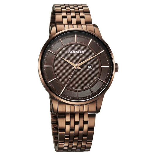 Sonata Brown Dial Stainless Steel Strap Analog with Date Watch for Men
