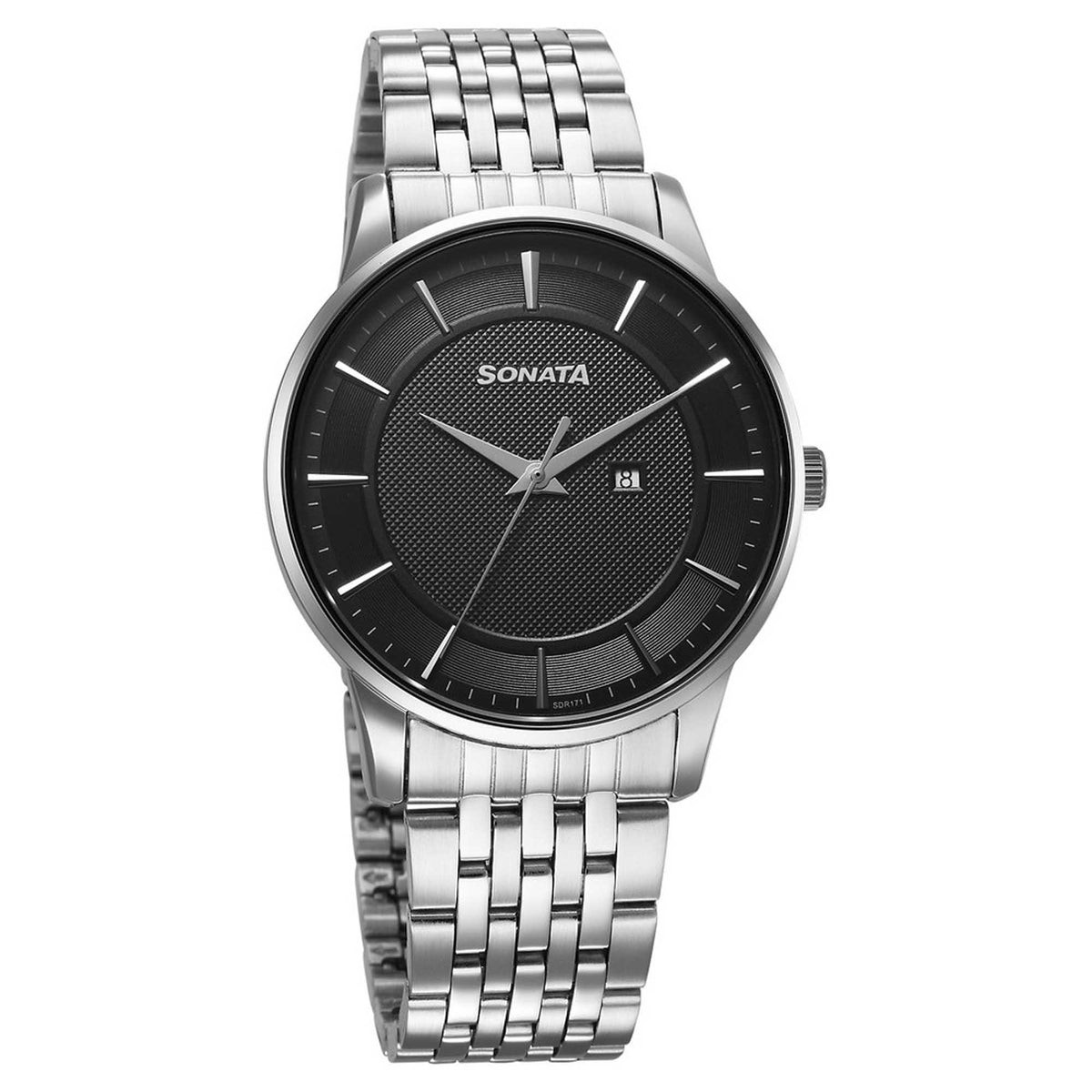 Sonata Black Dial Silver Stainless Steel Strap Analog with Date Watch for Men