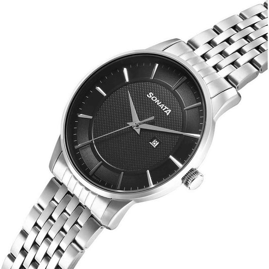 Sonata Black Dial Silver Stainless Steel Strap Analog with Date Watch for Men