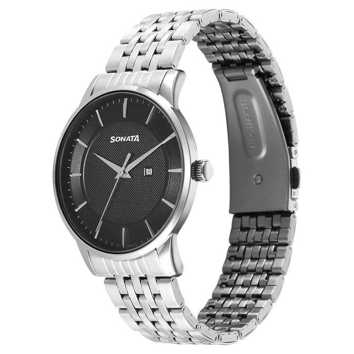 Sonata Black Dial Silver Stainless Steel Strap Analog with Date Watch for Men