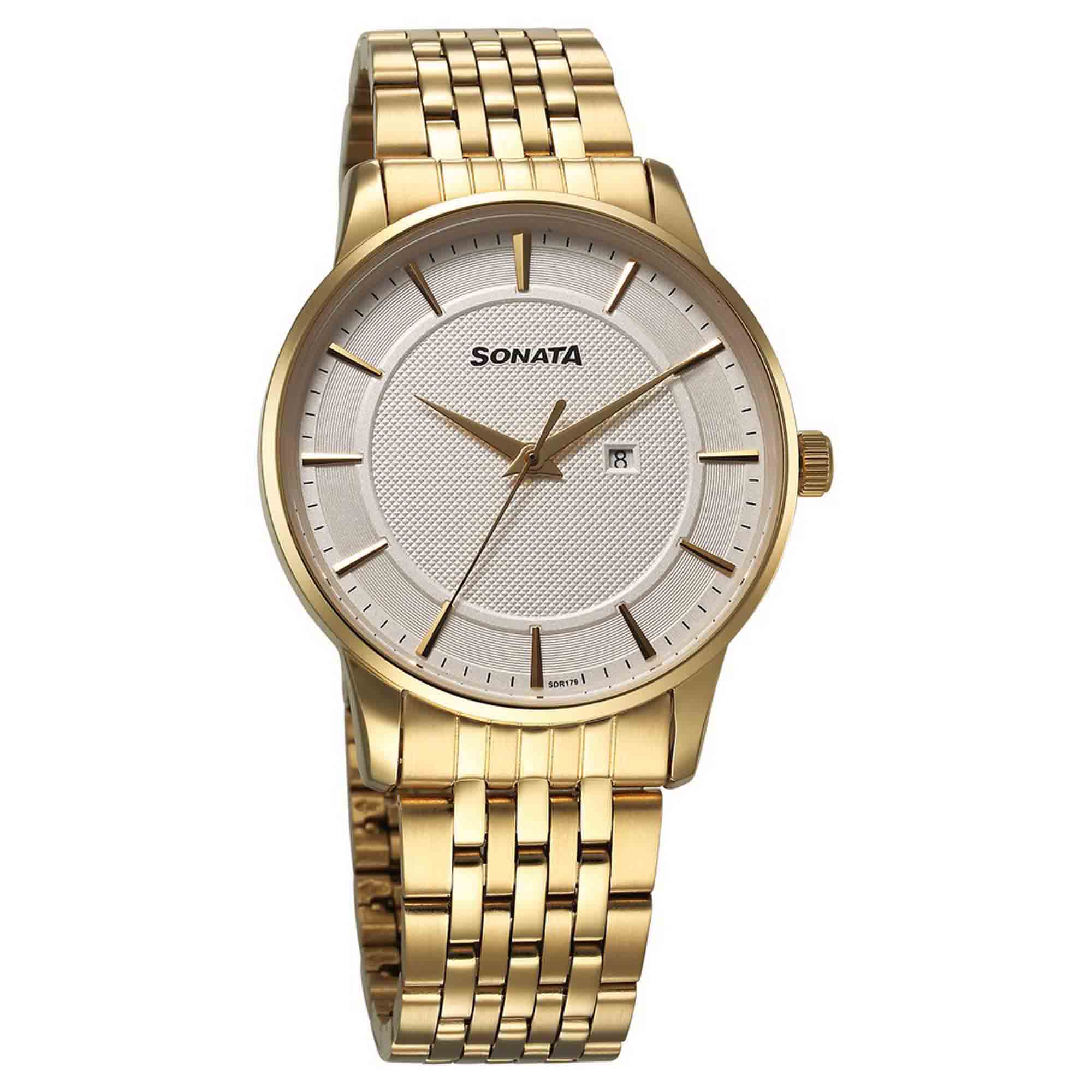 Sonata Off White Dial Gold Stainless Steel Strap Analog with Date Watch for Men