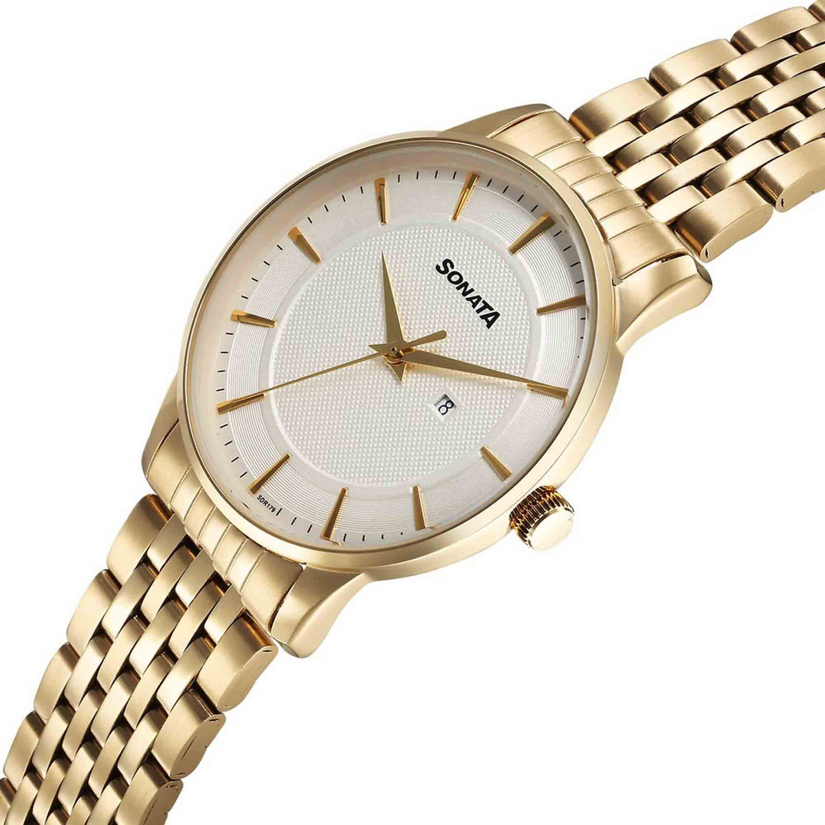 Sonata Off White Dial Gold Stainless Steel Strap Analog with Date Watch for Men