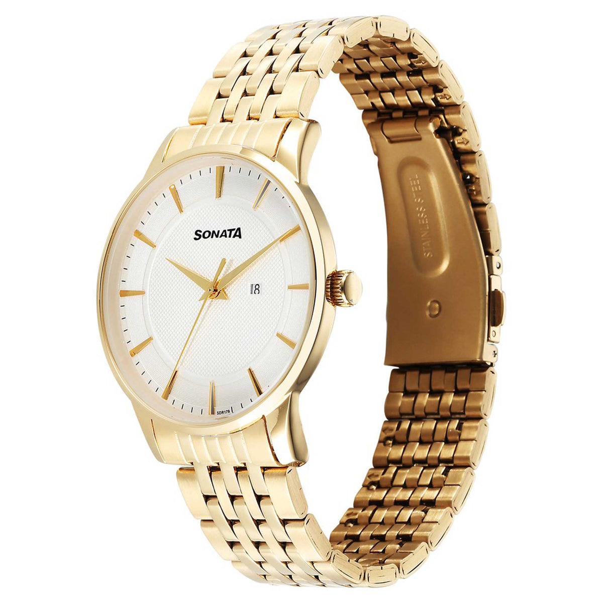Sonata Off White Dial Gold Stainless Steel Strap Analog with Date Watch for Men
