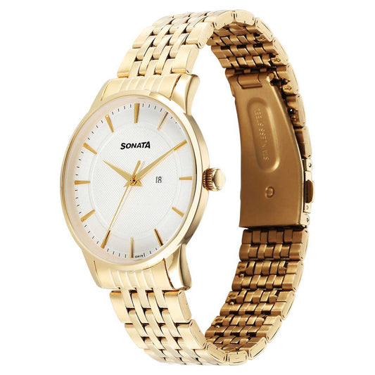 Sonata Off White Dial Gold Stainless Steel Strap Analog with Date Watch for Men