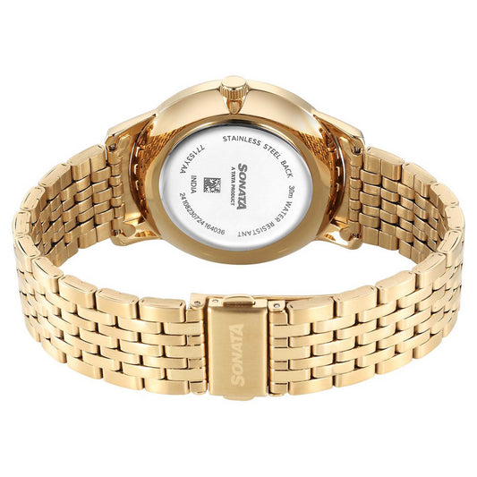 Sonata Off White Dial Gold Stainless Steel Strap Analog with Date Watch for Men