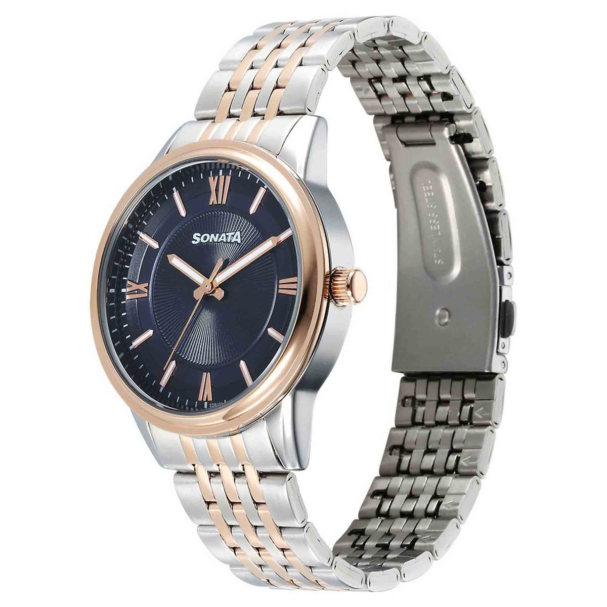 Sonata Blue Dial Two Toned Stainless Steel Strap Analog Watch for Men