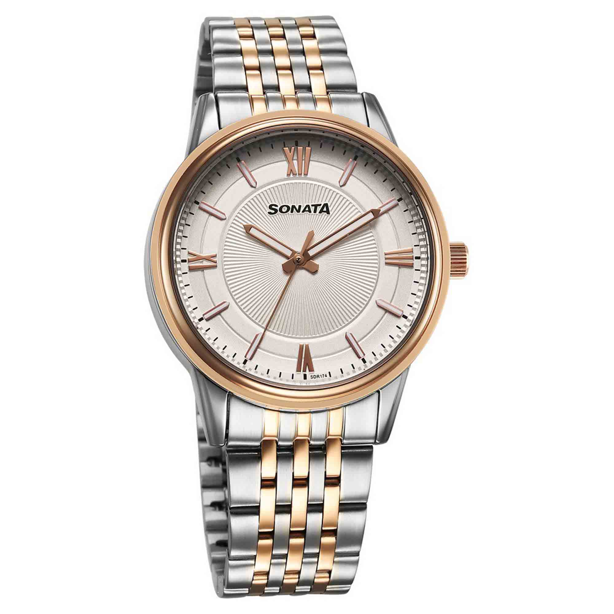 Sonata Off White Dial Two Toned Stainless Steel Strap Analog Watch for Men