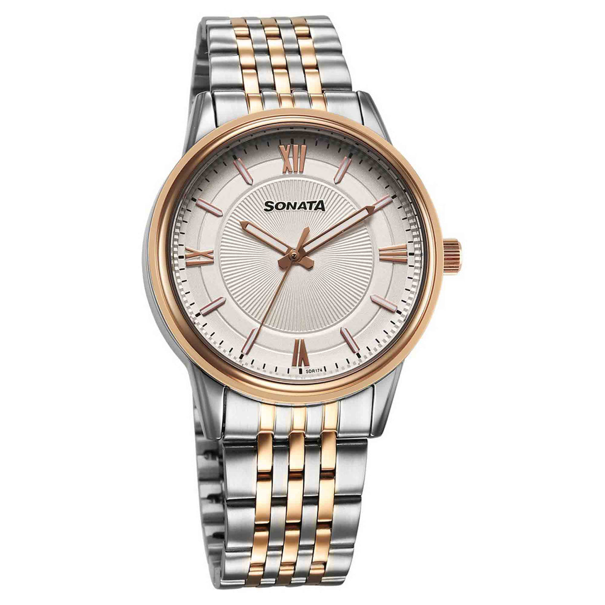 Sonata Off White Dial Two Toned Stainless Steel Strap Analog Watch for Men