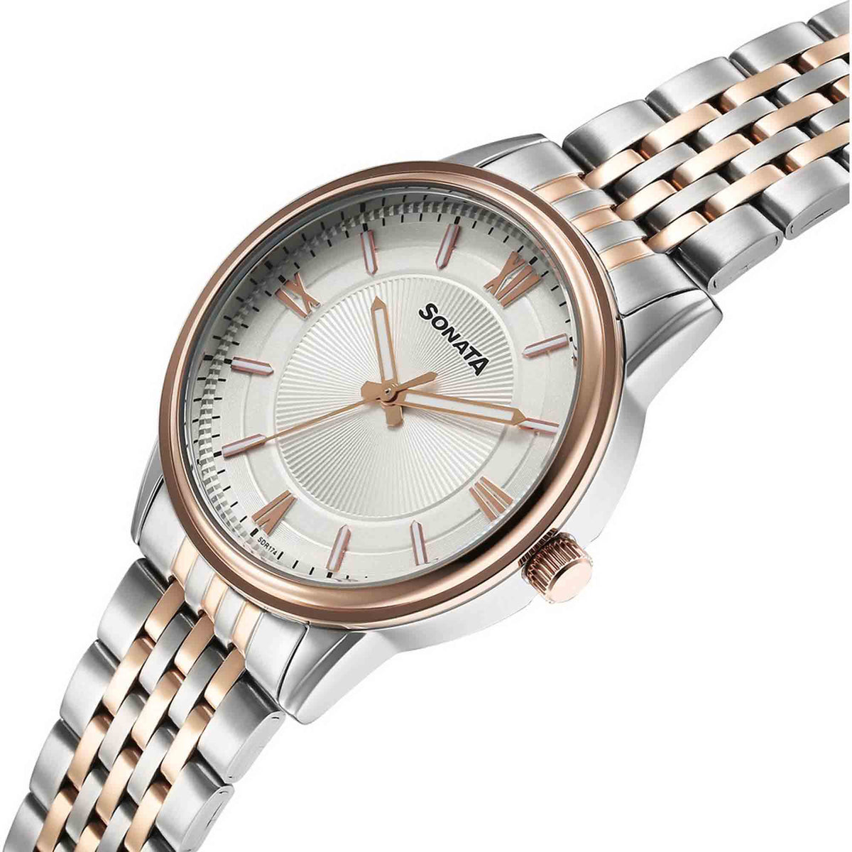 Sonata Off White Dial Two Toned Stainless Steel Strap Analog Watch for Men