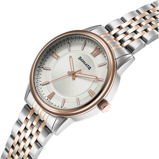 Sonata Off White Dial Two Toned Stainless Steel Strap Analog Watch for Men