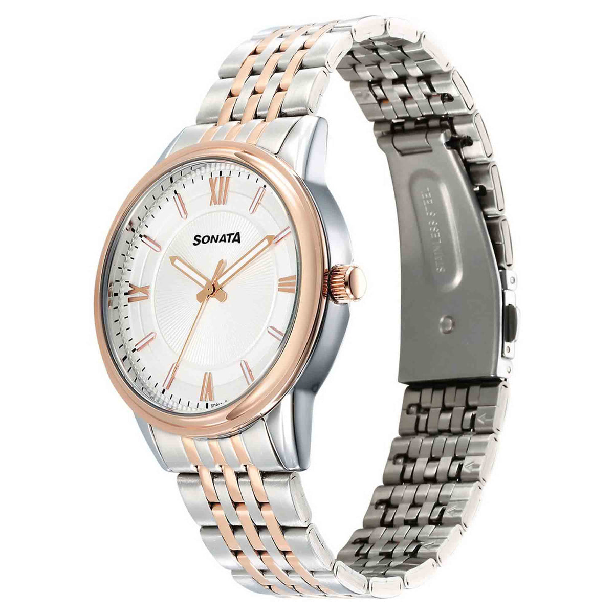 Sonata Off White Dial Two Toned Stainless Steel Strap Analog Watch for Men