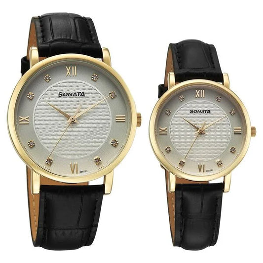 Sonata Silver Dial Black Leather Strap Analog Watch For Couple