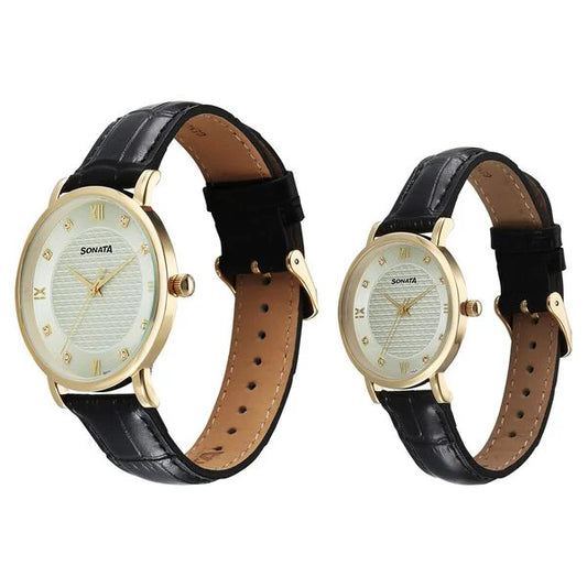 Sonata Silver Dial Black Leather Strap Analog Watch For Couple