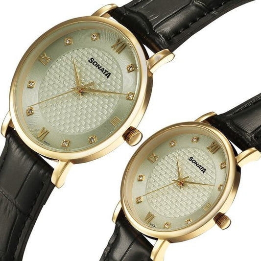Sonata Silver Dial Black Leather Strap Analog Watch For Couple