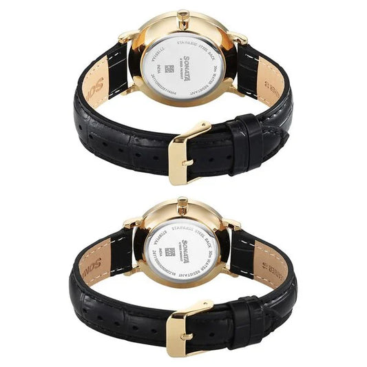 Sonata Silver Dial Black Leather Strap Analog Watch For Couple