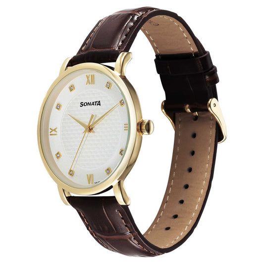 Sonata Off White Dial Brown Leather Strap Analog Watch for Men