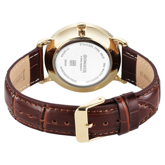 Sonata Off White Dial Brown Leather Strap Analog Watch for Men