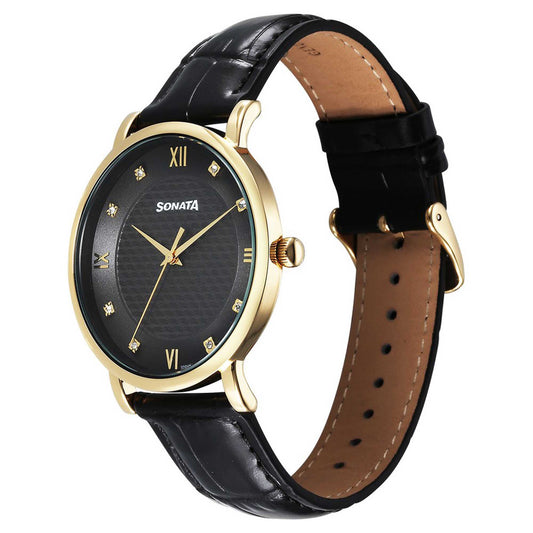 Sonata Black Dial Leather Strap Analog Watch for Men