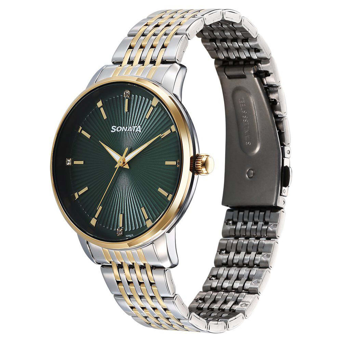 Sonata Green Dial Two Toned Metal Strap Analog Watch for Men