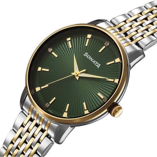 Sonata Green Dial Two Toned Metal Strap Analog Watch for Men