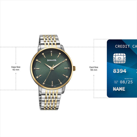 Sonata Green Dial Two Toned Metal Strap Analog Watch for Men