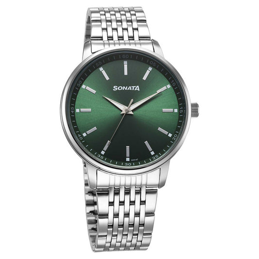 Sonata Green Dial Silver Stainless Steel Strap Analog Watch for Men