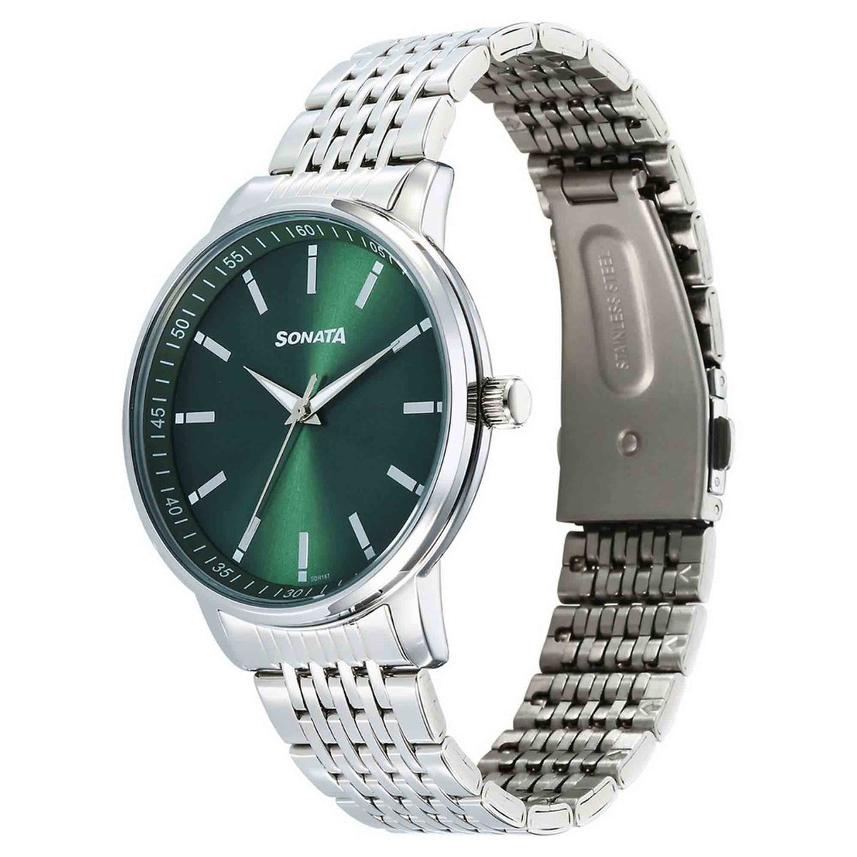 Sonata Green Dial Silver Stainless Steel Strap Analog Watch for Men