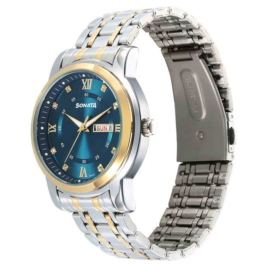 Sonata Blue Dial Two Toned Stainless Steel Strap Analog with Date and Day Watch for Men