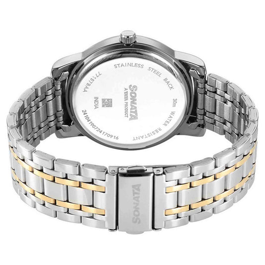 Sonata Blue Dial Two Toned Stainless Steel Strap Analog with Date and Day Watch for Men