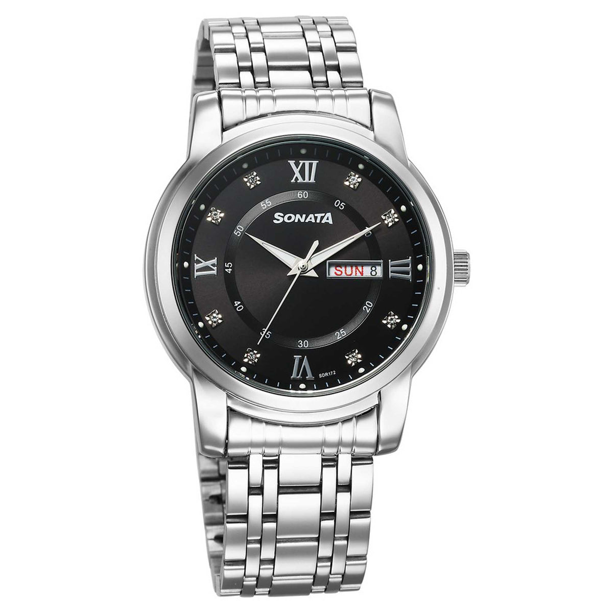 Sonata Black Dial Silver Stainless Steel Strap Analog with Date and Day Watch for Men