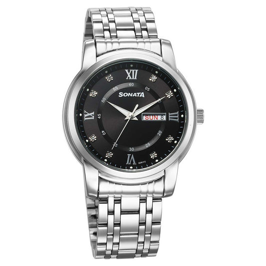 Sonata Black Dial Silver Stainless Steel Strap Analog with Date and Day Watch for Men
