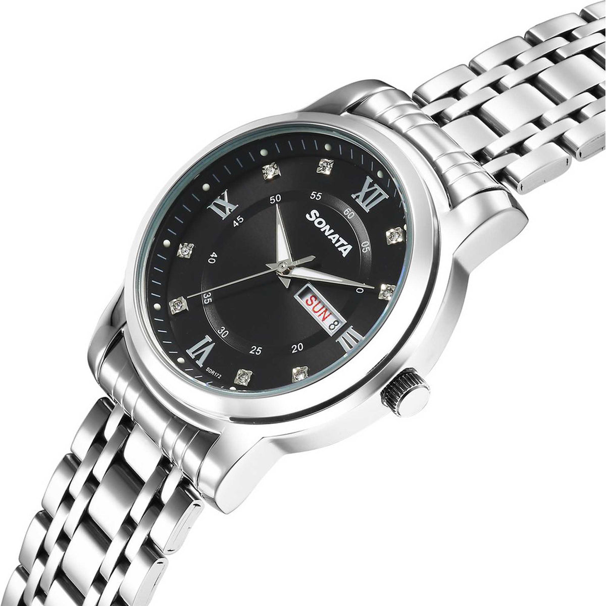 Sonata Black Dial Silver Stainless Steel Strap Analog with Date and Day Watch for Men
