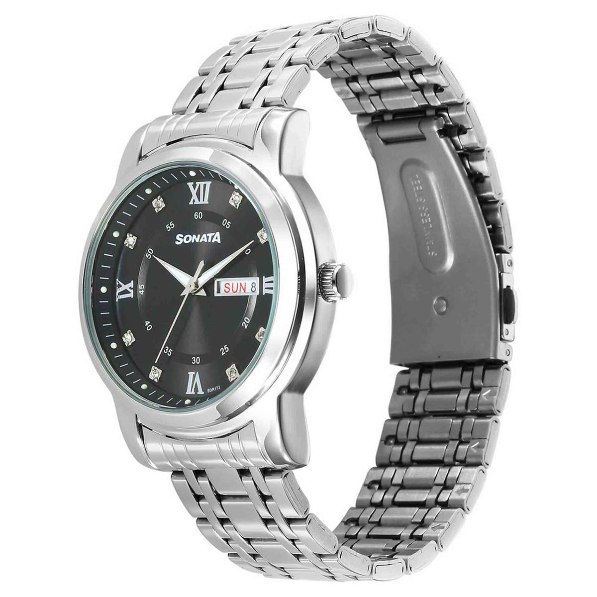 Sonata Black Dial Silver Stainless Steel Strap Analog with Date and Day Watch for Men
