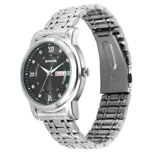 Sonata Black Dial Silver Stainless Steel Strap Analog with Date and Day Watch for Men
