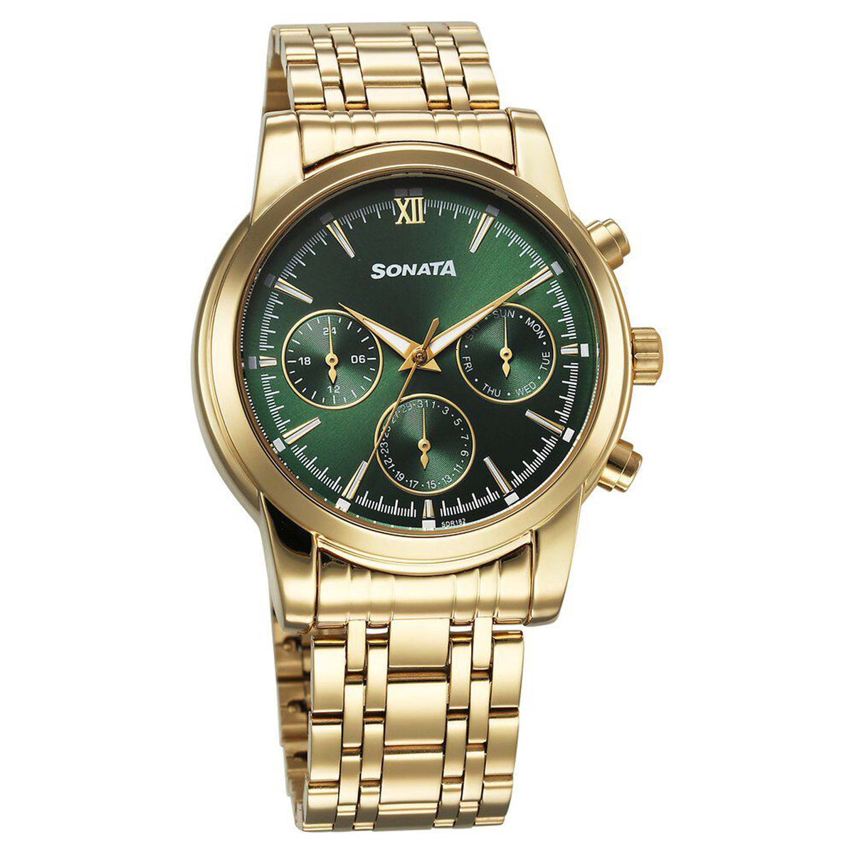 Sonata Green Dial Gold Stainless Steel Strap Multifunction Watch for Men