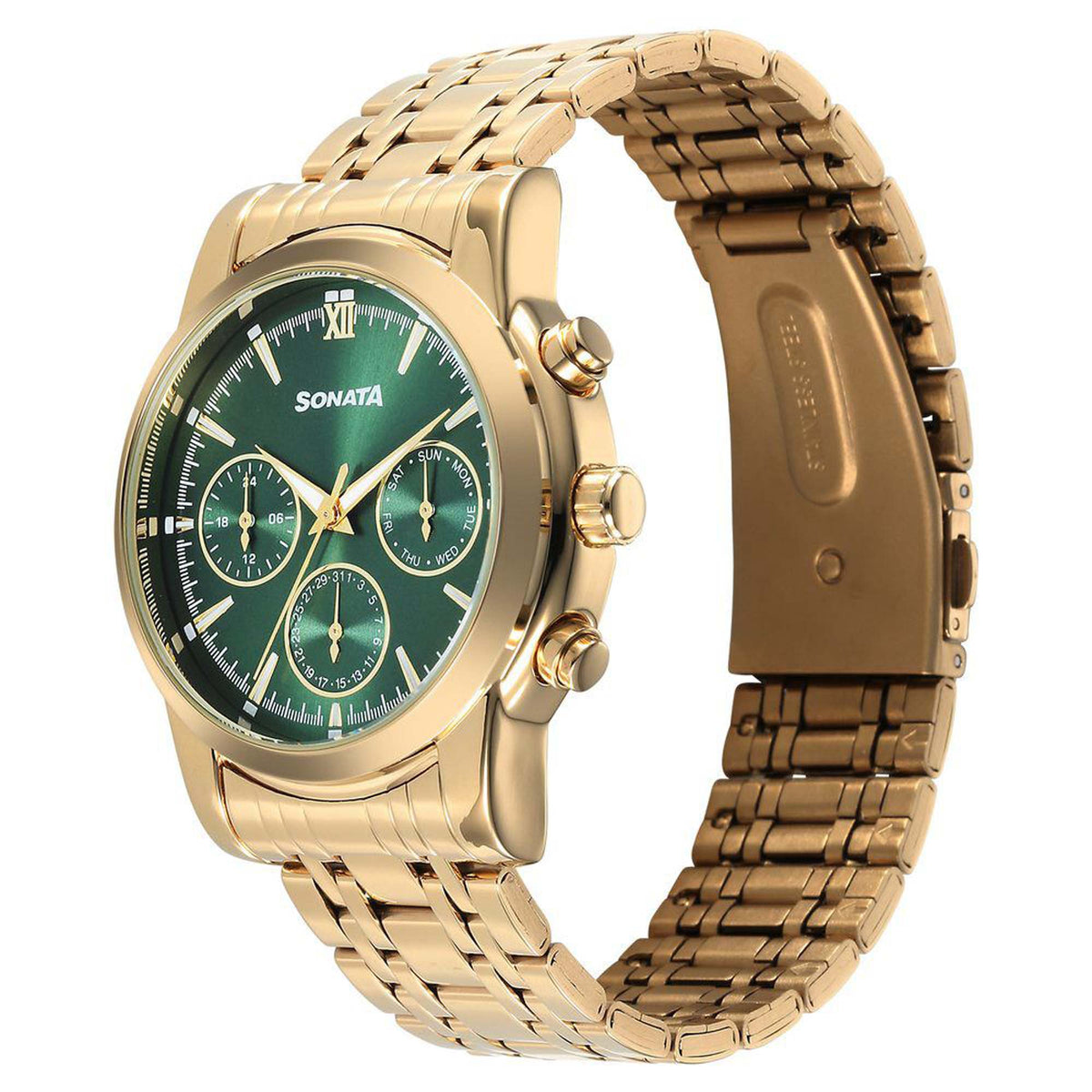 Sonata Green Dial Gold Stainless Steel Strap Multifunction Watch for Men
