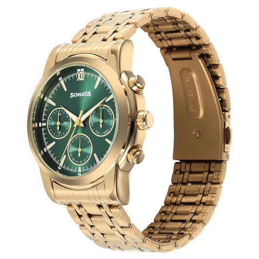 Sonata Green Dial Gold Stainless Steel Strap Multifunction Watch for Men