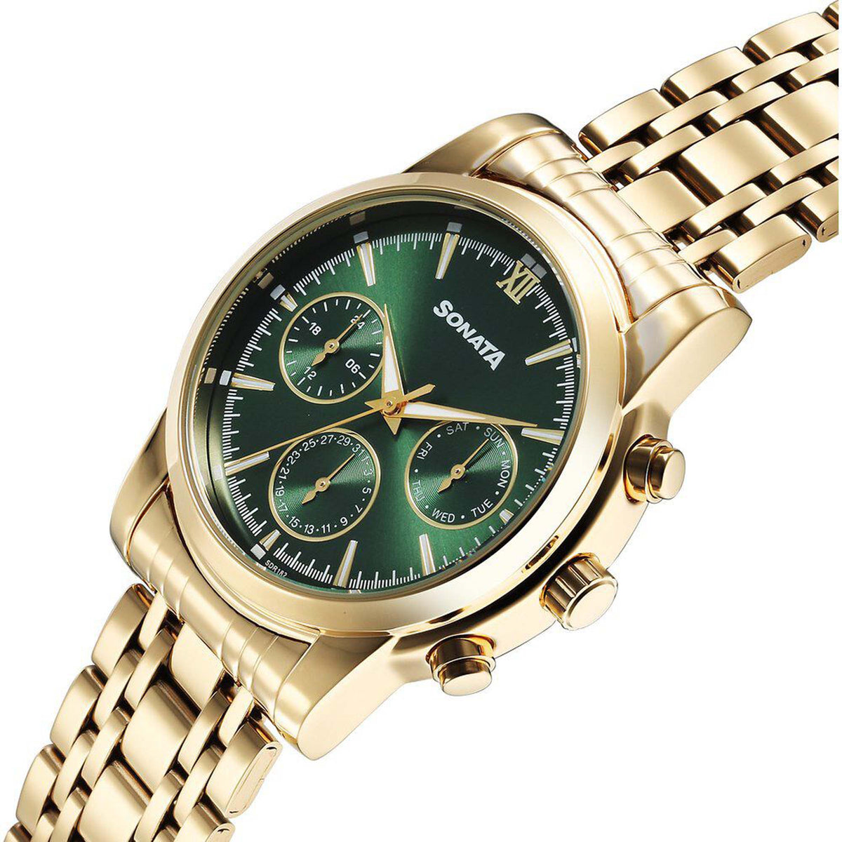 Sonata Green Dial Gold Stainless Steel Strap Multifunction Watch for Men