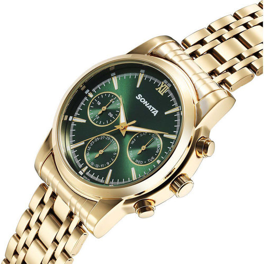 Sonata Green Dial Gold Stainless Steel Strap Multifunction Watch for Men