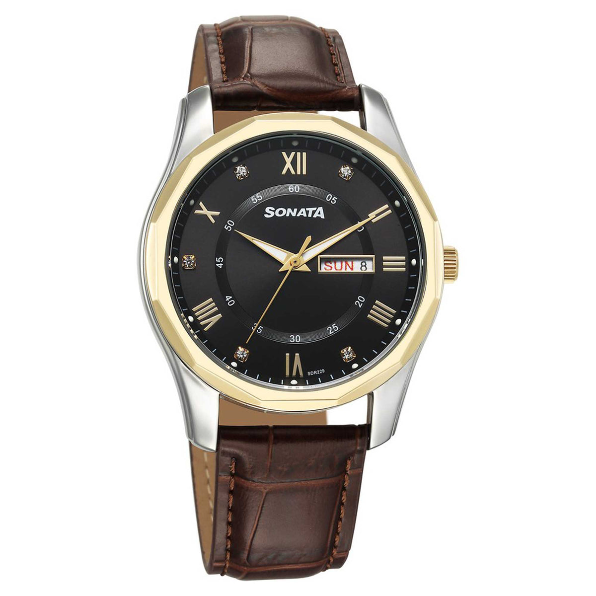 Sonata Black Dial Brown Leather Strap Analog with Date and Day Watch for Men