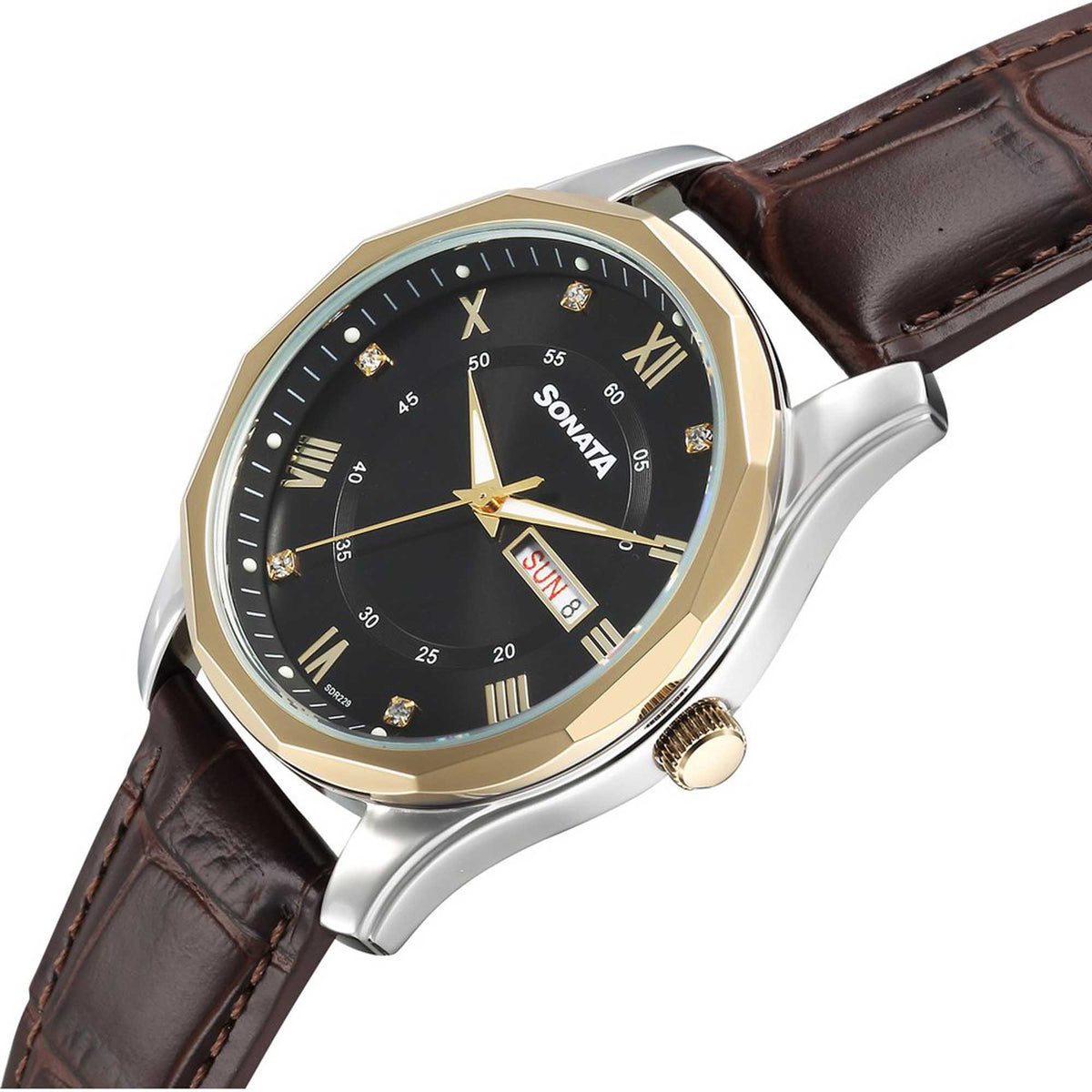 Sonata Black Dial Brown Leather Strap Analog with Date and Day Watch for Men