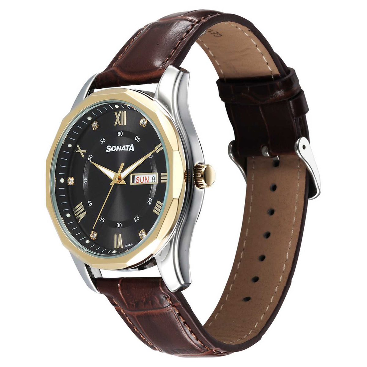 Sonata Black Dial Brown Leather Strap Analog with Date and Day Watch for Men