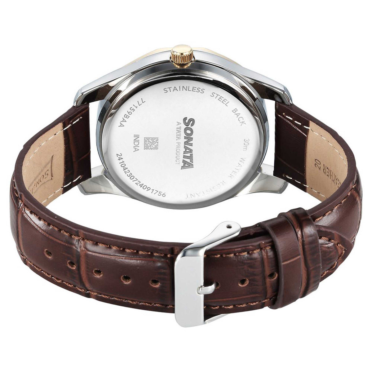 Sonata Black Dial Brown Leather Strap Analog with Date and Day Watch for Men